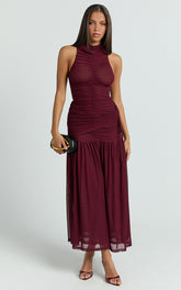 Metzie Midi Dress - High Neck Gathered Mesh Dress in Burgundy
