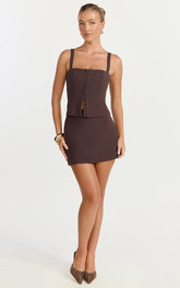 Mikey Mini Skirt - Mid Waisted Tailored A Line Skirt in Chocolate