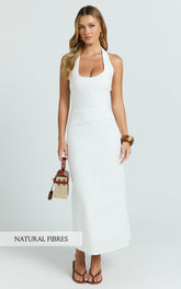 Murray Midi Dress - Deep U Halter Neck Dress in White