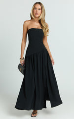 Nadiane Midi Dress - Strapless Asymmetric Drop Waist Dress in Black