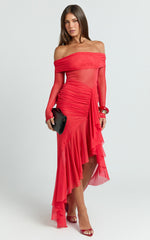 Noelle Maxi Dress - Off The Shoulder Gathered Waist Ruffle Dress in Red