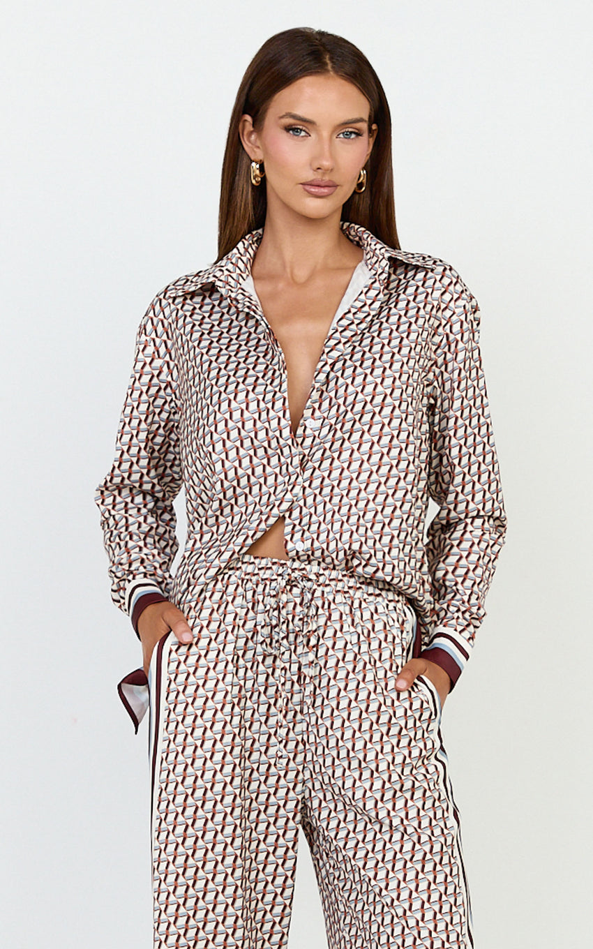 Noelle Top - Geo Border Print Button Front Long Sleeve Shirt in Geo Border Print
