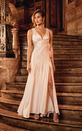 Alessandra Maxi Dress - Ruched Leg Split Dress in Champagne