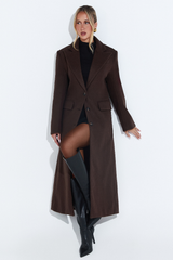 Paloma Coat - Tailored Cinched Waist Longline Coat in Chocolate