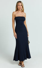 Paris Midi Dress - Strapless Drop Waist Pleated Knit Dress in Navy