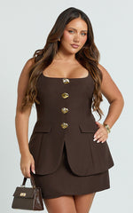 Phyllis Two Piece Set - Tailored Scoop Neck Vest Top and A Line Mini Skirt Set with Gold Buttons in Chocolate