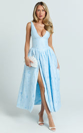 Posie Midi Dress - Jacquard Fit And Flare Dress in Blue