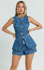 Rhianna Top - Button Down Longline Recycled Denim Vest Top in Dark Blue Wash