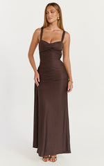 Roxanne Maxi Dress - Sweetheart Neck Gathered Bodycon Dress in Chocolate