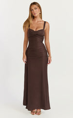 Roxanne Maxi Dress - Sweetheart Neck Gathered Bodycon Dress in Chocolate