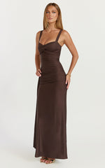 Roxanne Maxi Dress - Sweetheart Neck Gathered Bodycon Dress in Chocolate