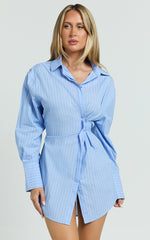 Sanya Mini Dress - Cinched Waist Stripe Dress in Blue