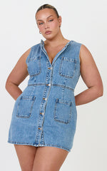 Stephanie Mini Dress - Scoop Neck Pocket Detail Recycled Denim Dress in Light Blue Wash