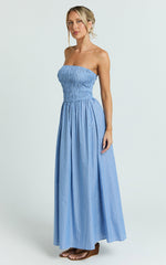 Swanson Midi Dress - Strapless Smocked Dress in Blue Stripe