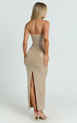 Terri Midi Dress - Diamante Square Neck Bodycon Dress in Nude