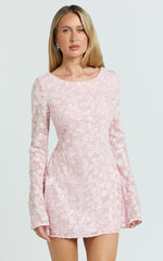 Terri Mini Dress - Long Sleeve Cowl Back Neck Dress in Pale Pink