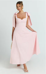 Tymia Midi Dress - Shoulder Tie Bustier Shirred Back A Line in Pink