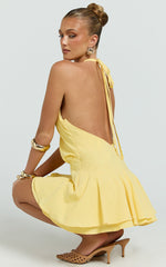 Violetta Mini Dress - Halter Neck Dropped Waist Fit and Flare Dress in Lemon