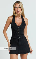Walton Vest - Halter Neck Button Down Crop Recycled Denim Vest in Clean Black Wash Panel