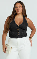 Walton Vest - Halter Neck Button Down Crop Recycled Denim Vest in Clean Black Wash Panel