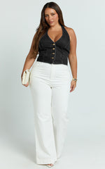 Walton Vest - Halter Neck Button Down Crop Recycled Denim Vest in Clean Black Wash Panel