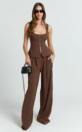 Xandria Pants - Double Pleated Wide Leg Pants in Brown
