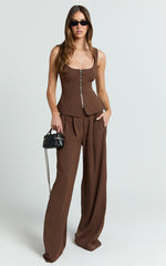 Xandria Pants - Double Pleated Wide Leg Pants in Brown