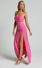 Reviena Maxi Dress - Cut Out Cowl Neck Dress in Hot Pink