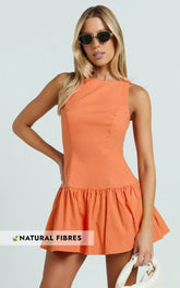 Izira Mini Dress - Boat Neck Drop Waist Shift Dress in Orange