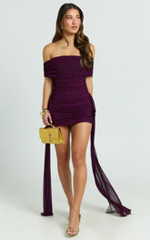 Hermie Mini Dress - Off Shoulder Ruched Mesh Draped Dress in Wine
