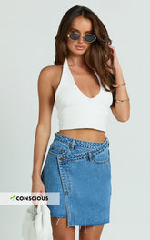 Rihanna Skirt - High Waisted Asymmetrical Denim Skirt in Mid Blue Wash