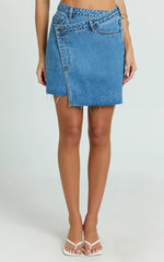 Rihanna Skirt - High Waisted Asymmetrical Denim Skirt in Mid Blue Wash