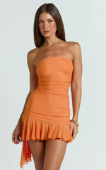Haylee Mini Dress - Mesh Strapless Drop Waist Dress in Orange