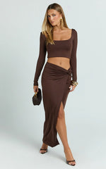 Owen Two Piece Top and Skirt Set - Long Sleeve Crop Top and Knot Front Maxi Skirt Set in Chocolate