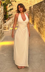Roseville Maxi - Wrap Front Halter Dress with Hardware Detail in White
