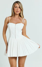 Nicolette Mini Dress - Square Neck Strappy Tie Shoulder Drop Waist Pleated Skirt Dress in Off White