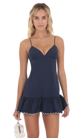 Scallop Ruffle Dress in Navy