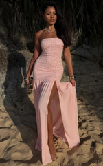 Georgina Maxi Dress - Sequin Strapless Front Split Dress in Pink