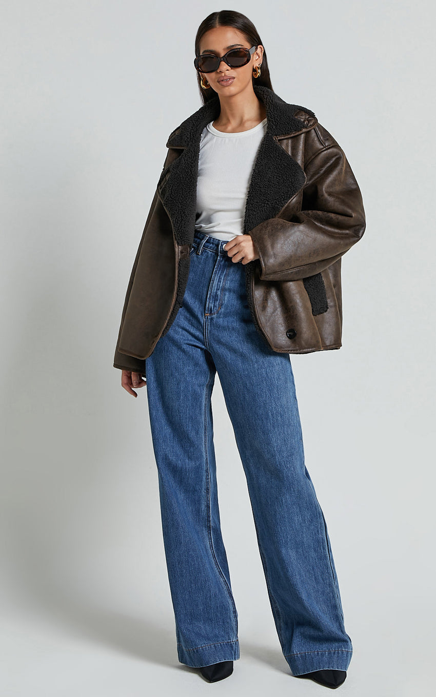 Matilda Jacket - PU Borg Collar Jacket in Brown
