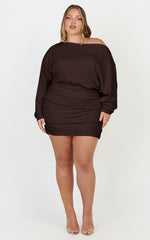 Alyce Mini Dress - Long Sleeve One Shoulder Dress in Chocolate