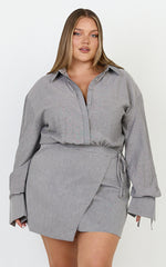 Heath Mini Dress - Collared Button Up Shirt Dress in Grey Stripe