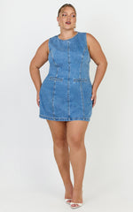 Olenna Mini Dress - High Neck Fitted Denim Dress in Mid Blue Wash