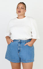 Rhianna Shorts - Mid Waist Recycled Denim Shorts in Mid Blue Wash