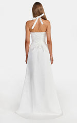Amber Maxi Dress - Corset Bodice Draped Skirt Halter Dress in White