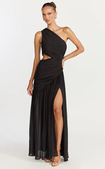 Darcy Maxi Dress - One Shoulder Side Cut Out Gathered Dress in Black