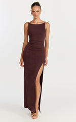 Audette Maxi Dress - Boat Neck Ruched Fitted Dress in Chocolate