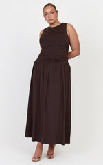 Marguerite Maxi Dress - Gathered Detail Dropped Waist Dress in Dark Chocolate