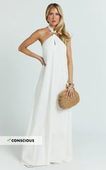 Jhazmine Maxi Dress - Halterneck Linen Gold Trim Dress in Off White