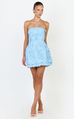 Maristella Mini Dress - Strapless Lace Up Back A Line Dress in Blue