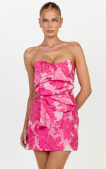 Amalie The Label - Frederika Strapless Ruffle Detail Jacquard Mini Dress in Hot Pink